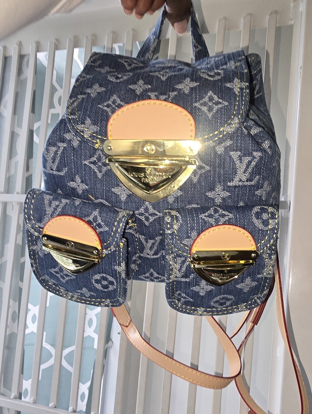 Cotton Remix Blue Monogram Denim Midi Backpack Tan Trim - Picture 3 of 16